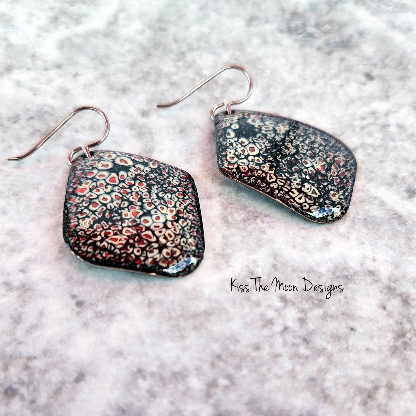 Asymetrical Crackle Enameled Earrings- Black, Red and White