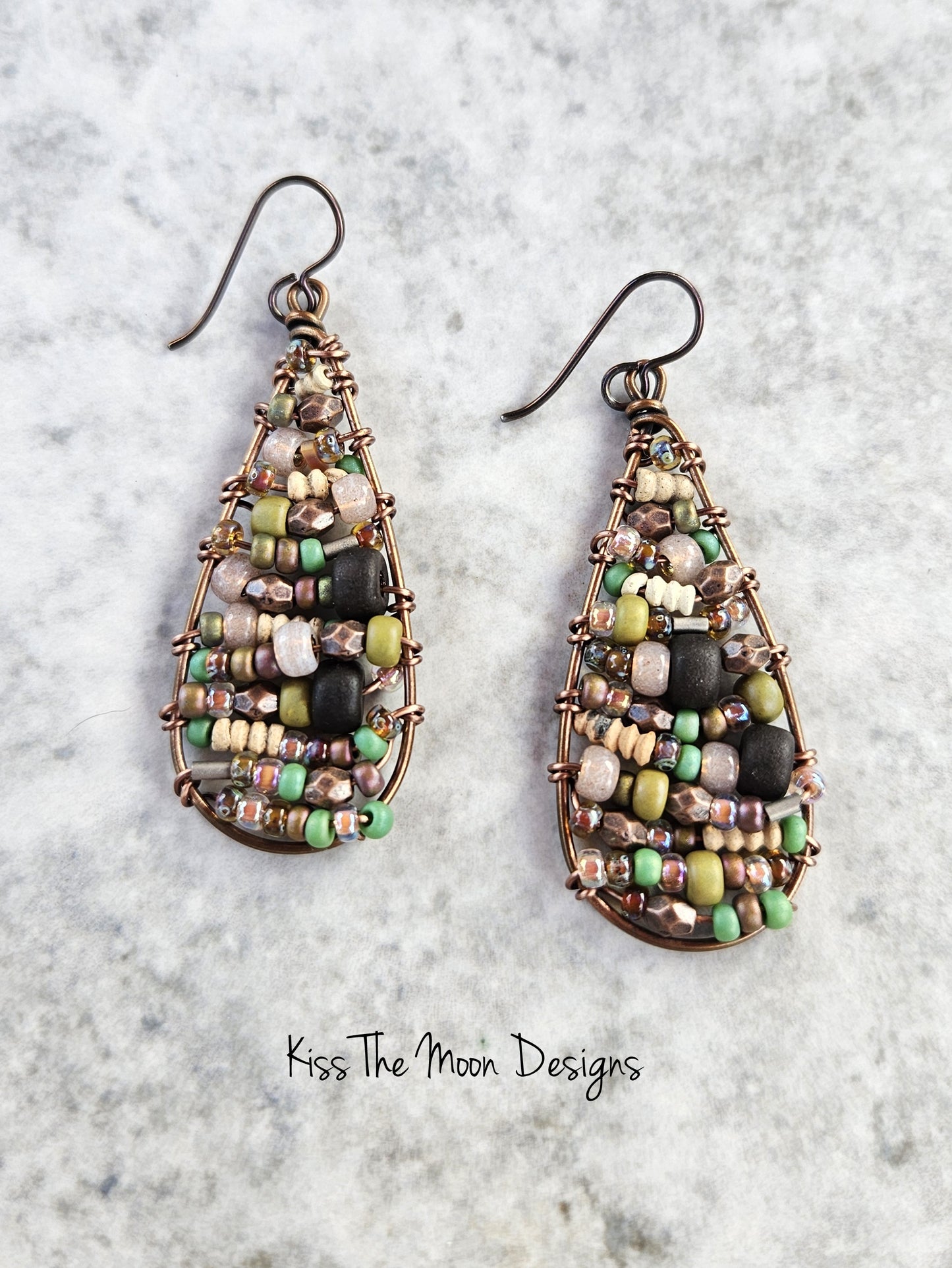 Beaded Boho Style Teardrop Earrings- Copper tones