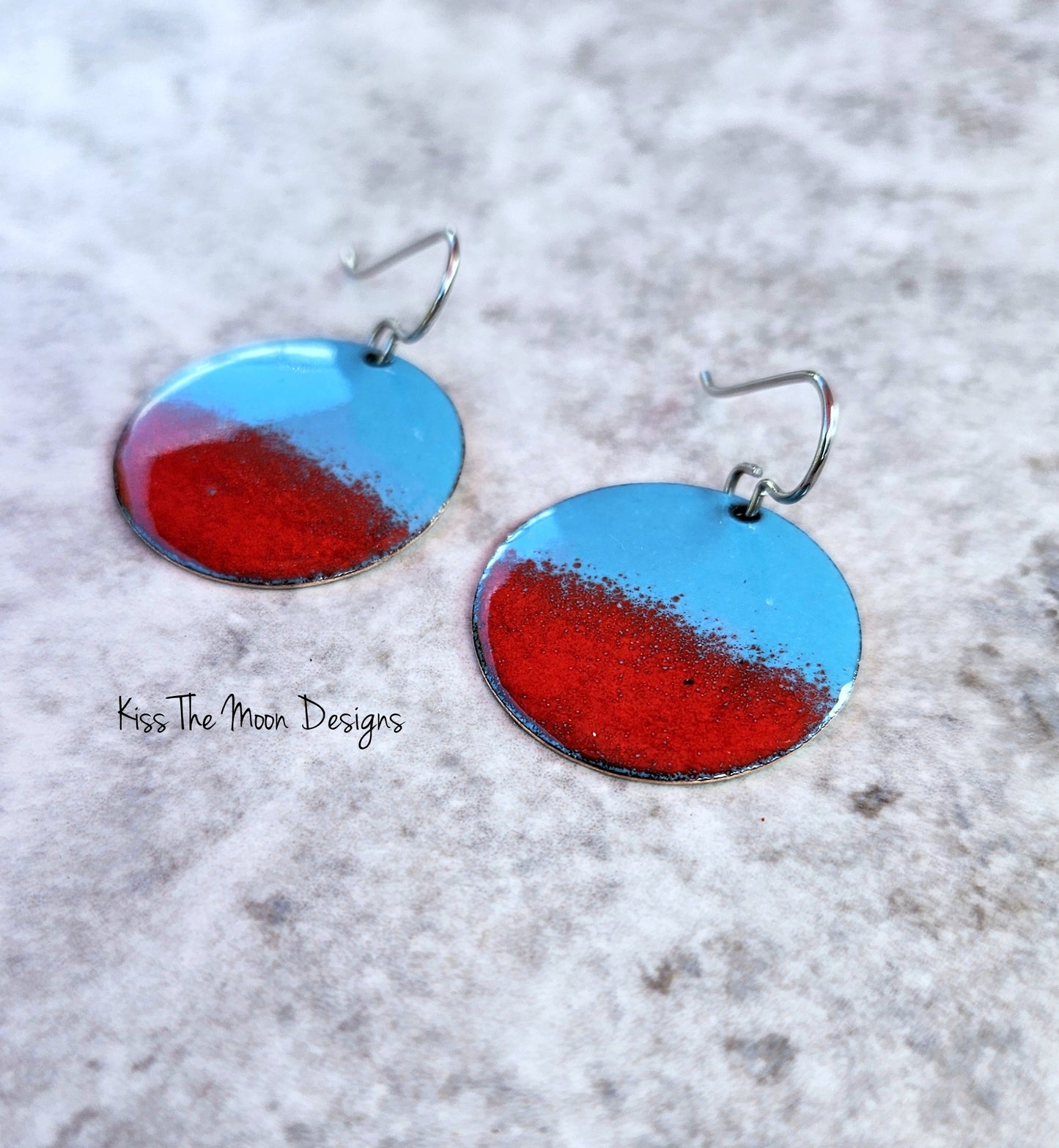 Half and Half Enameled Earrings- Red and Turquoise