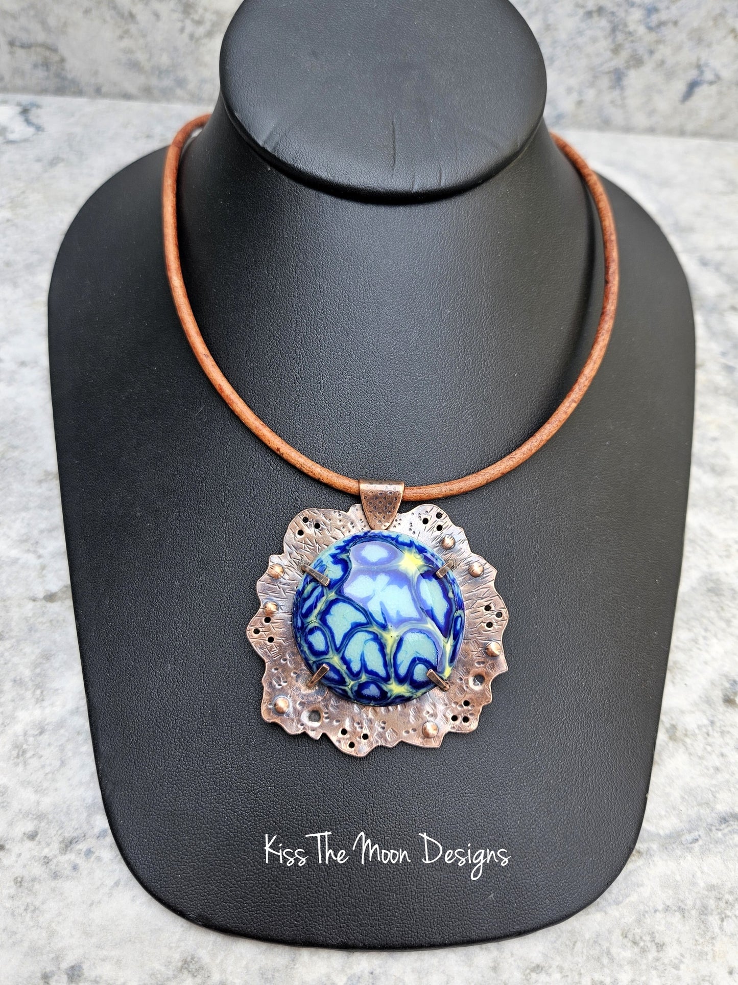 Large Crackle Enamel and Copper Necklace - Blue and Yellow