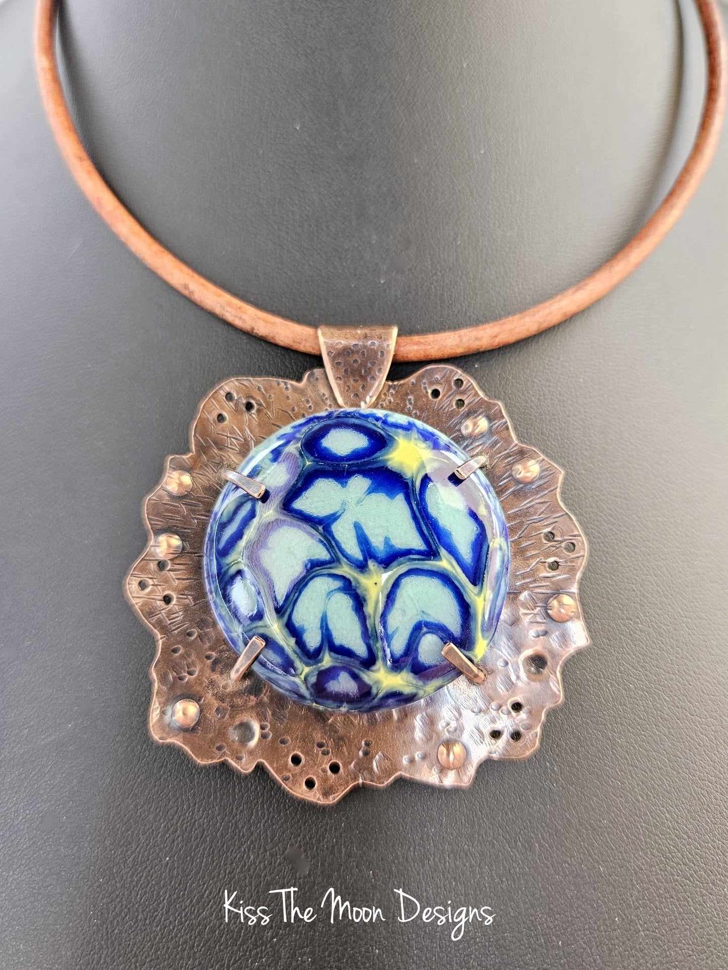 Large Crackle Enamel and Copper Necklace - Blue and Yellow