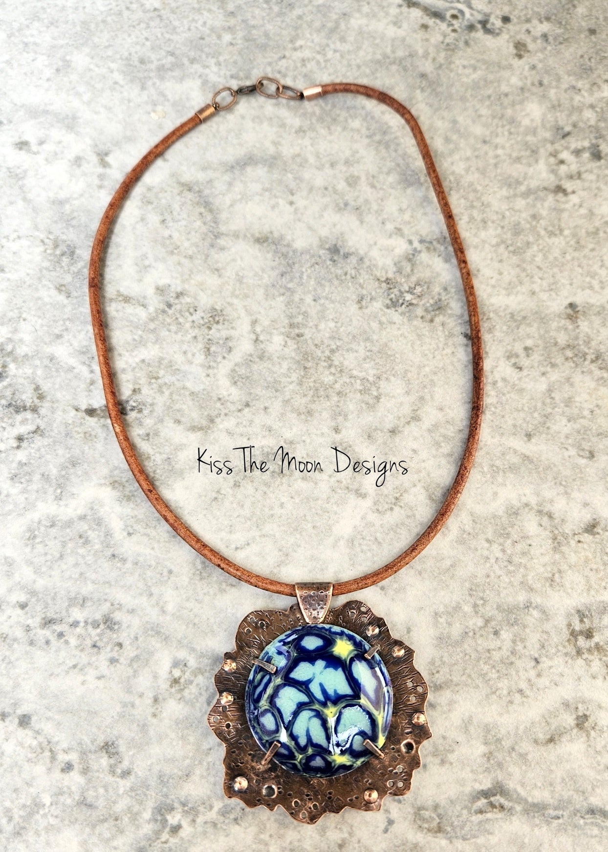 Large Crackle Enamel and Copper Necklace - Blue and Yellow