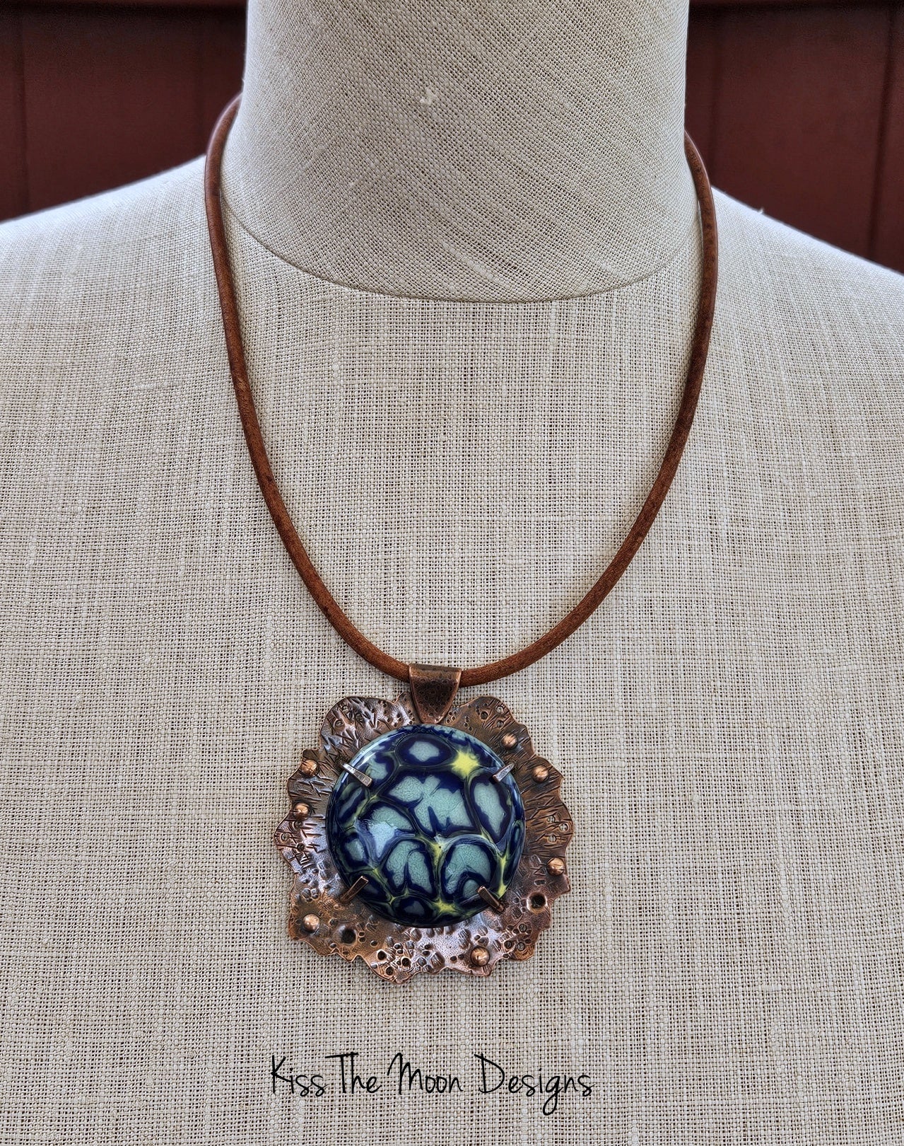 Large Crackle Enamel and Copper Necklace - Blue and Yellow