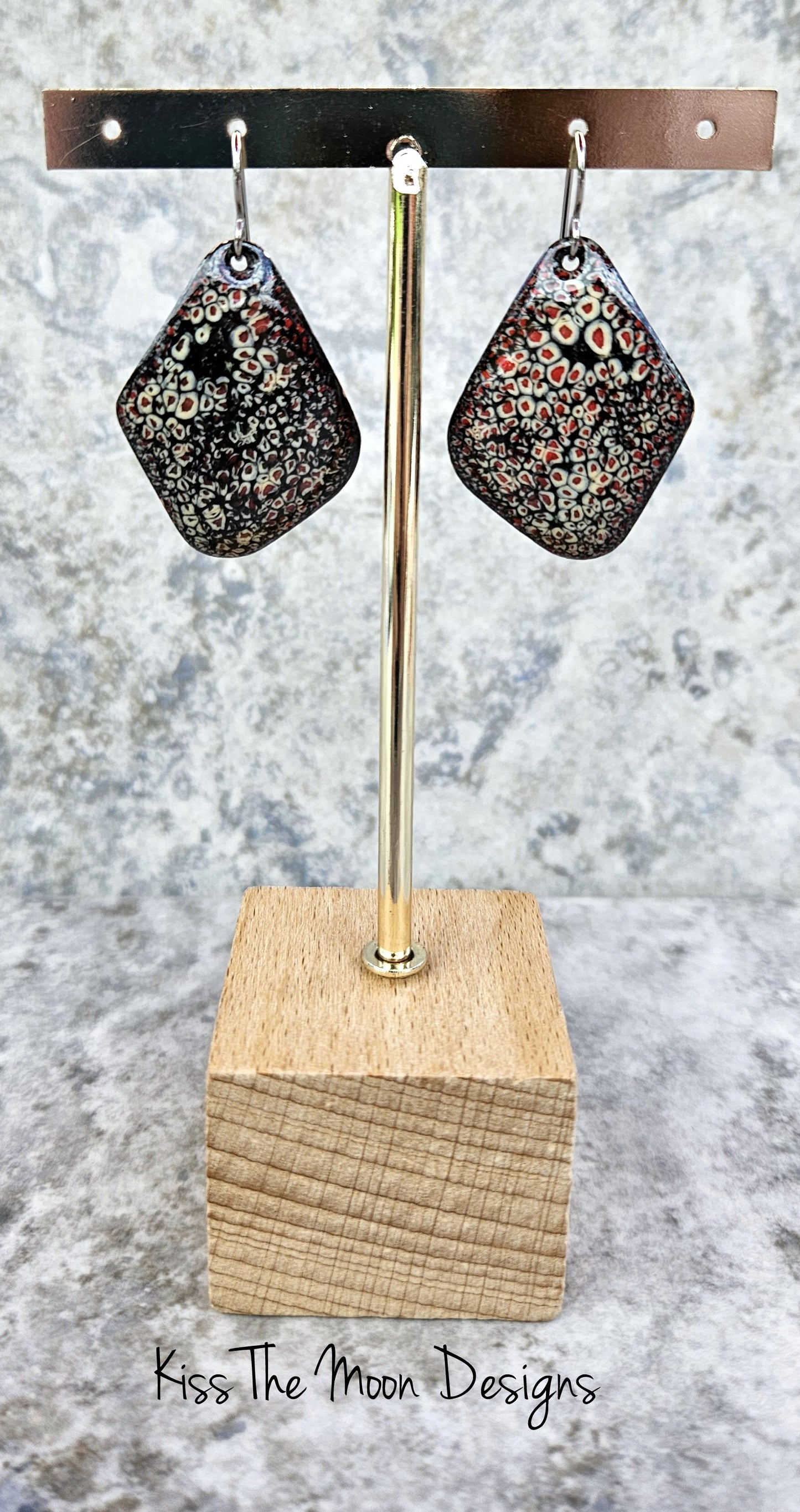 Asymetrical Crackle Enameled Earrings- Black, Red and White