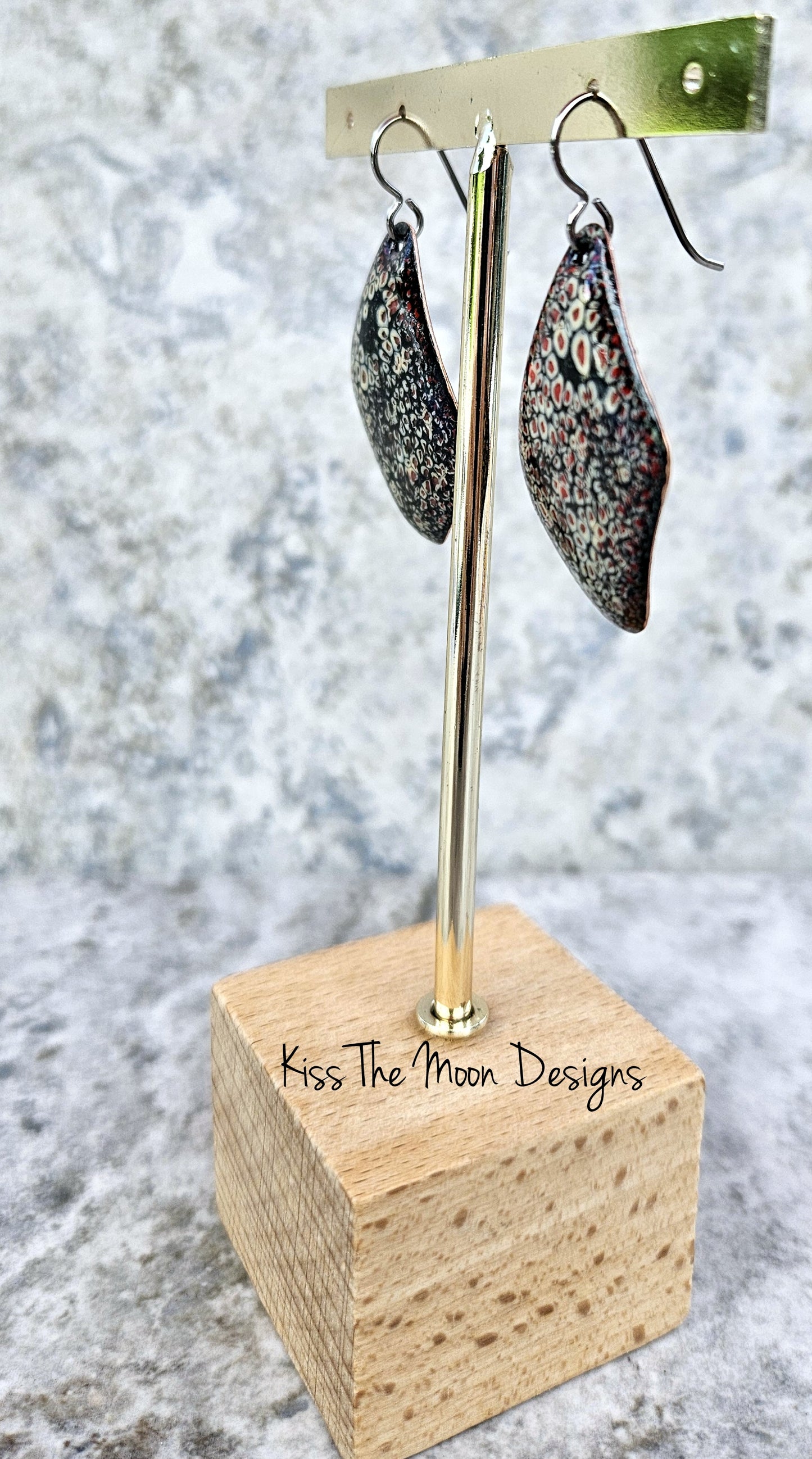 Asymetrical Crackle Enameled Earrings- Black, Red and White