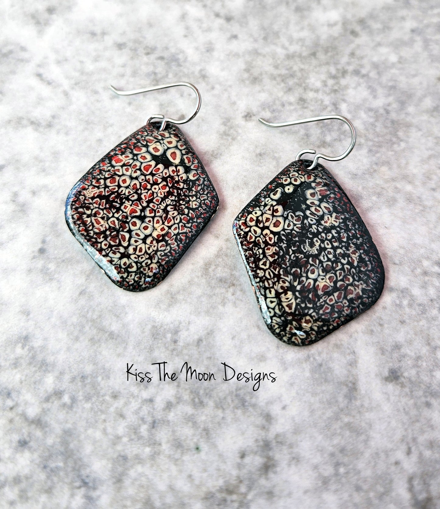 Asymetrical Crackle Enameled Earrings- Black, Red and White