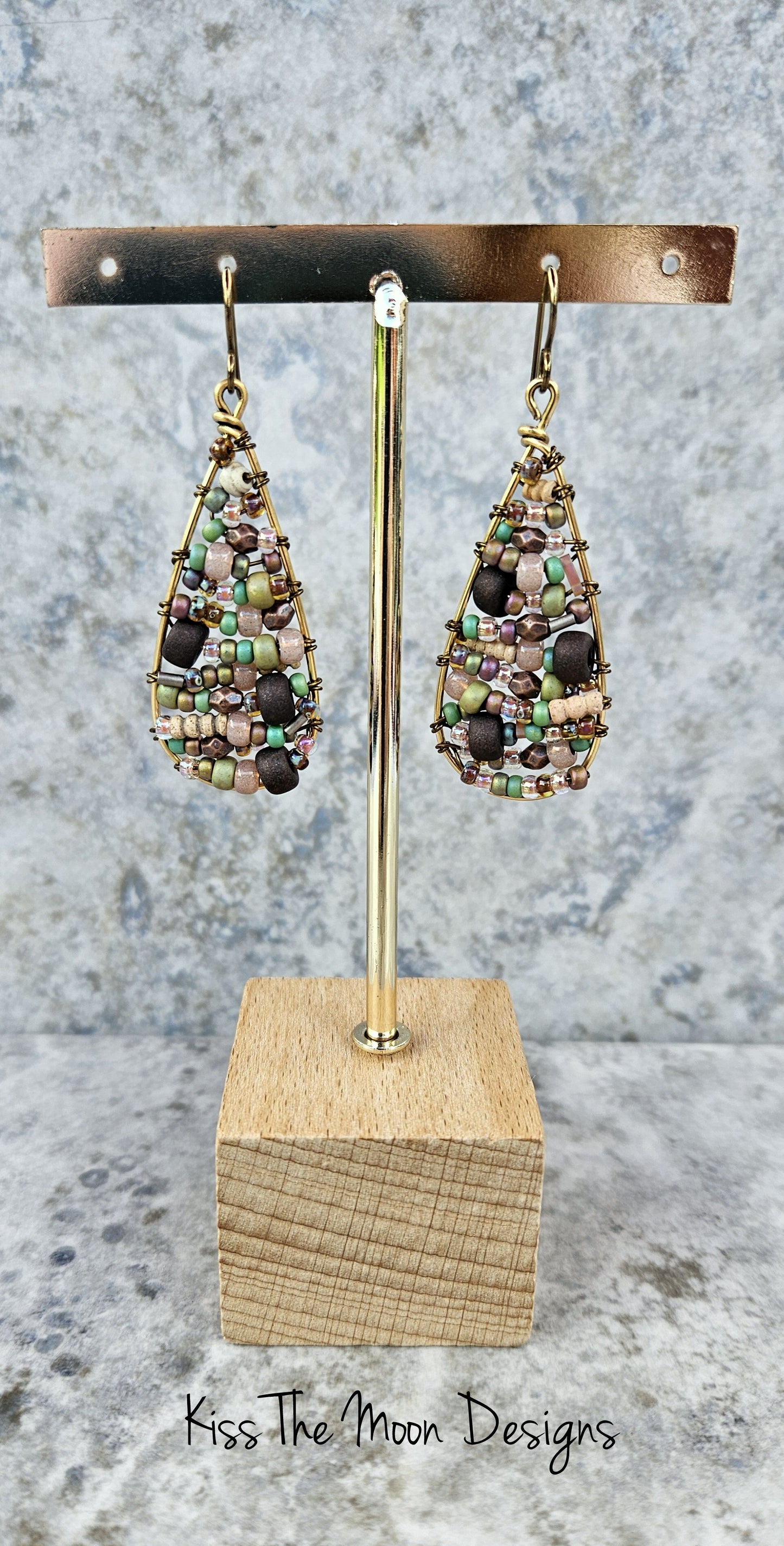 Beaded Boho Style Teardrop Earrings- Brass tones