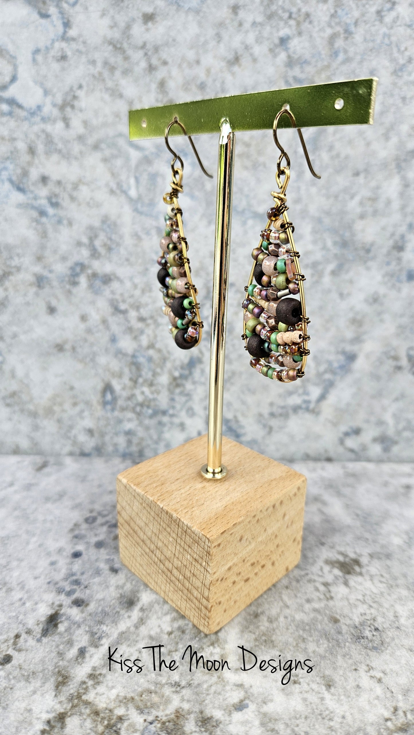 Beaded Boho Style Teardrop Earrings- Brass tones