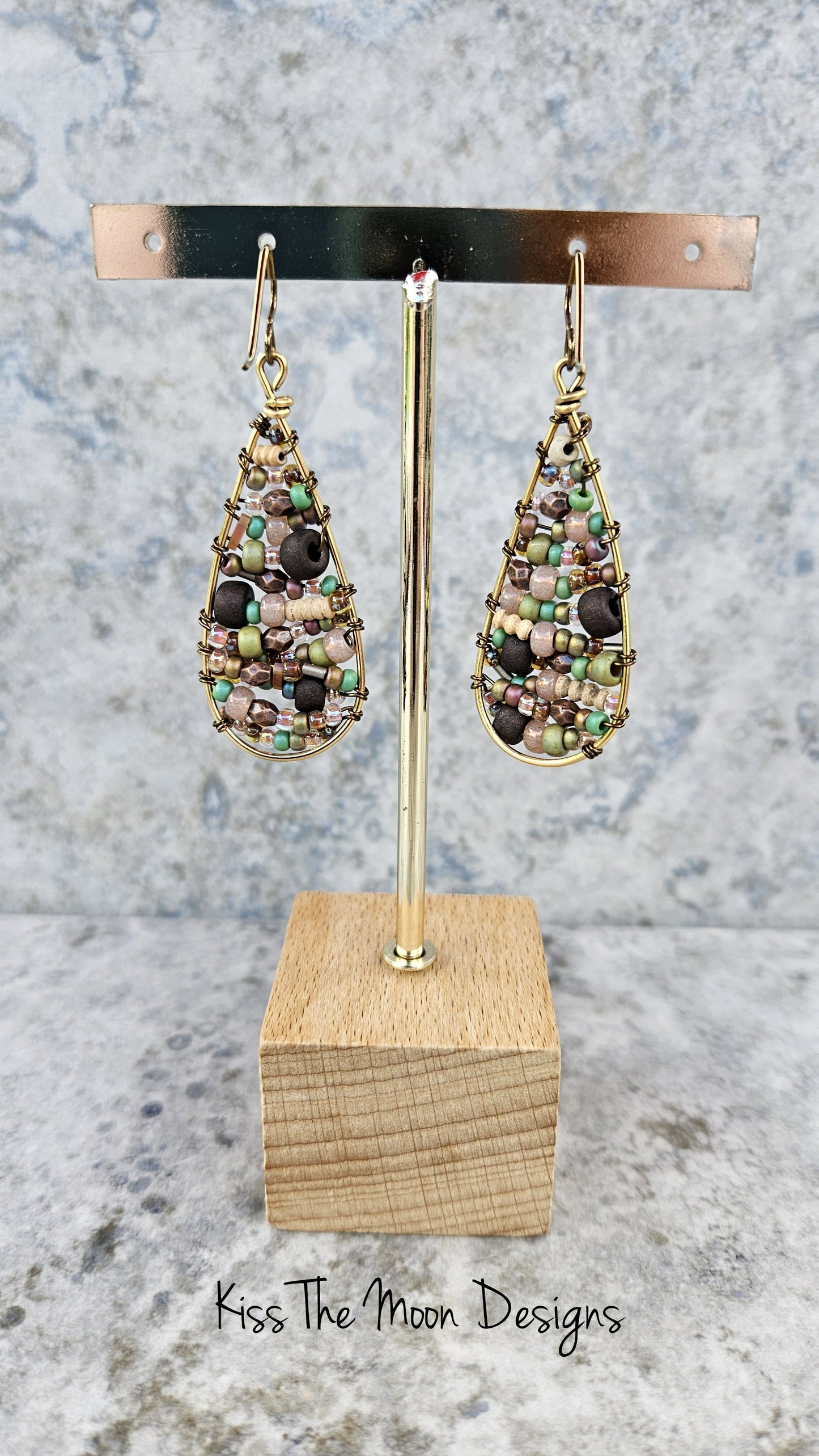 Beaded Boho Style Teardrop Earrings- Brass tones