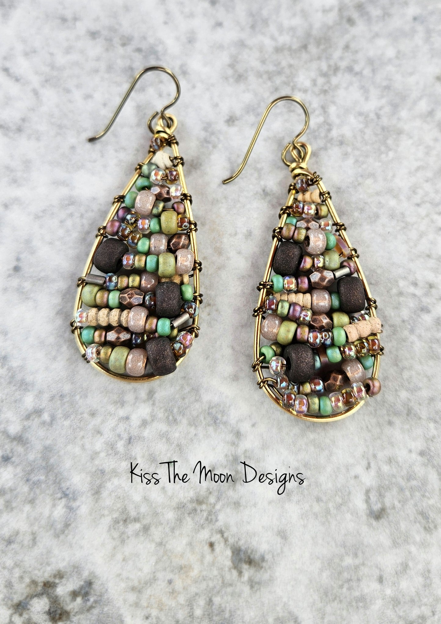 Beaded Boho Style Teardrop Earrings- Brass tones