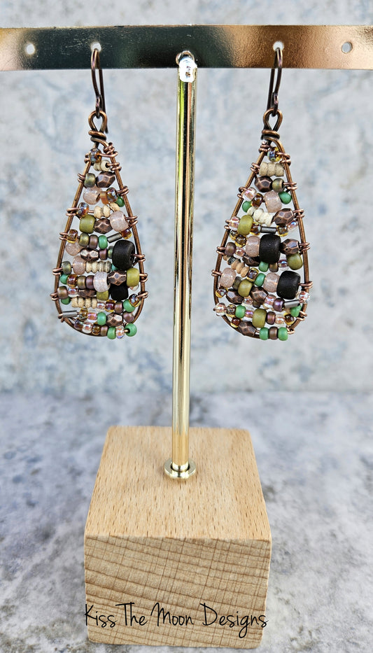 Beaded Boho Style Teardrop Earrings- Copper tones