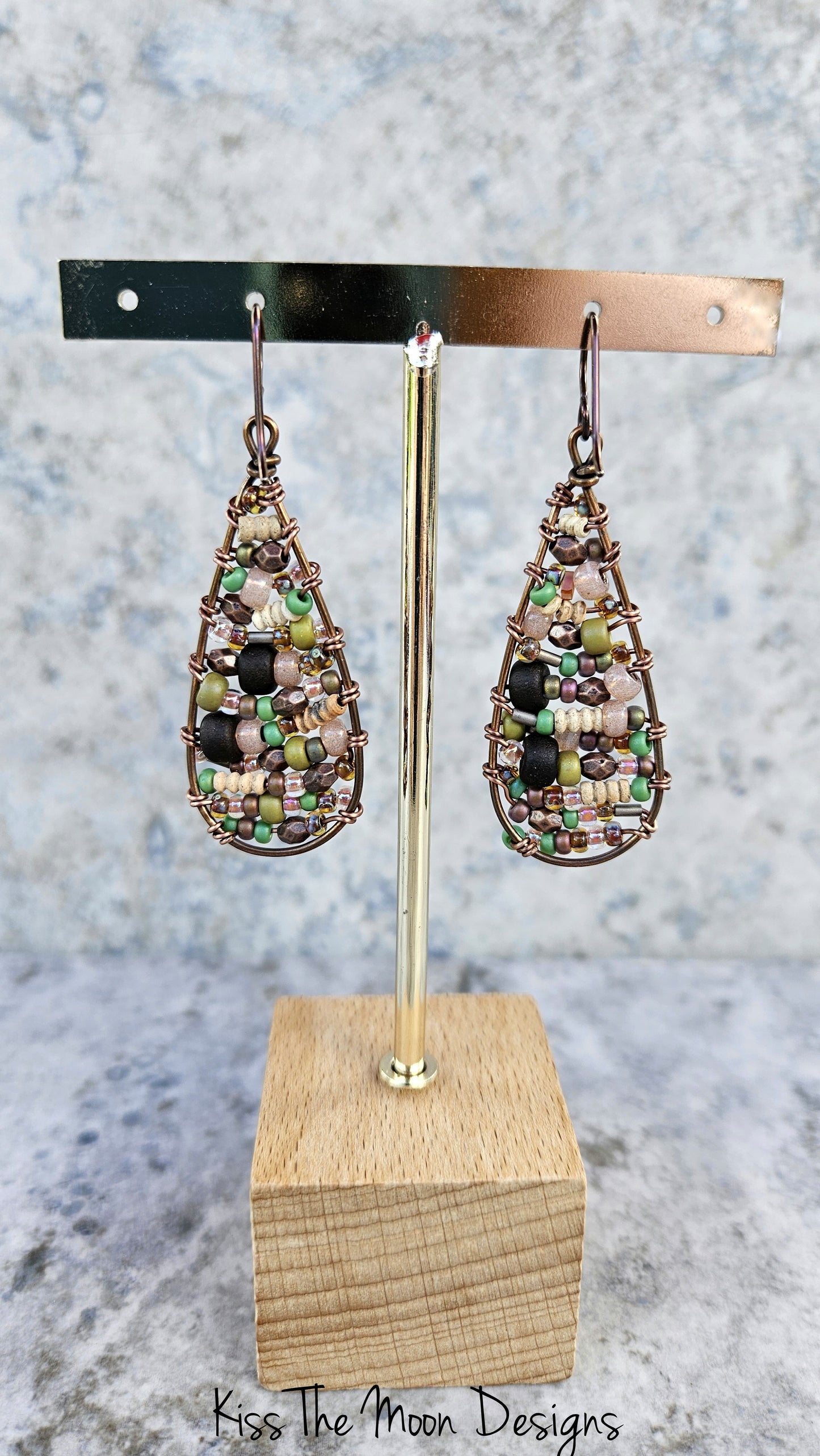 Beaded Boho Style Teardrop Earrings- Copper tones