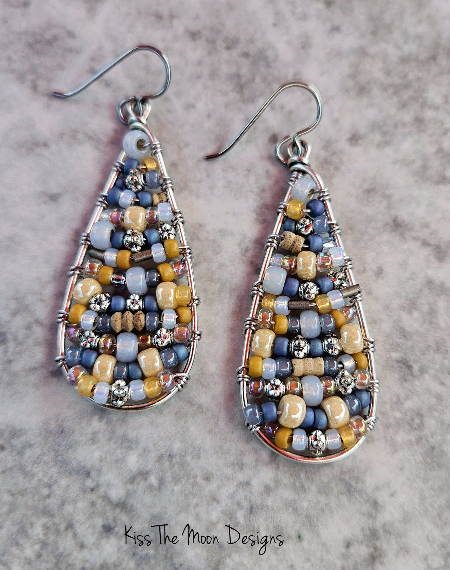 Beaded Boho Style Teardrop Earrings- Silvertone