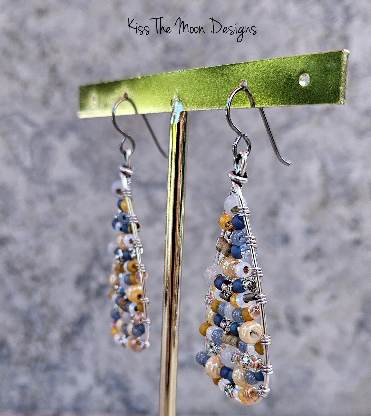 Beaded Boho Style Teardrop Earrings- Silvertone