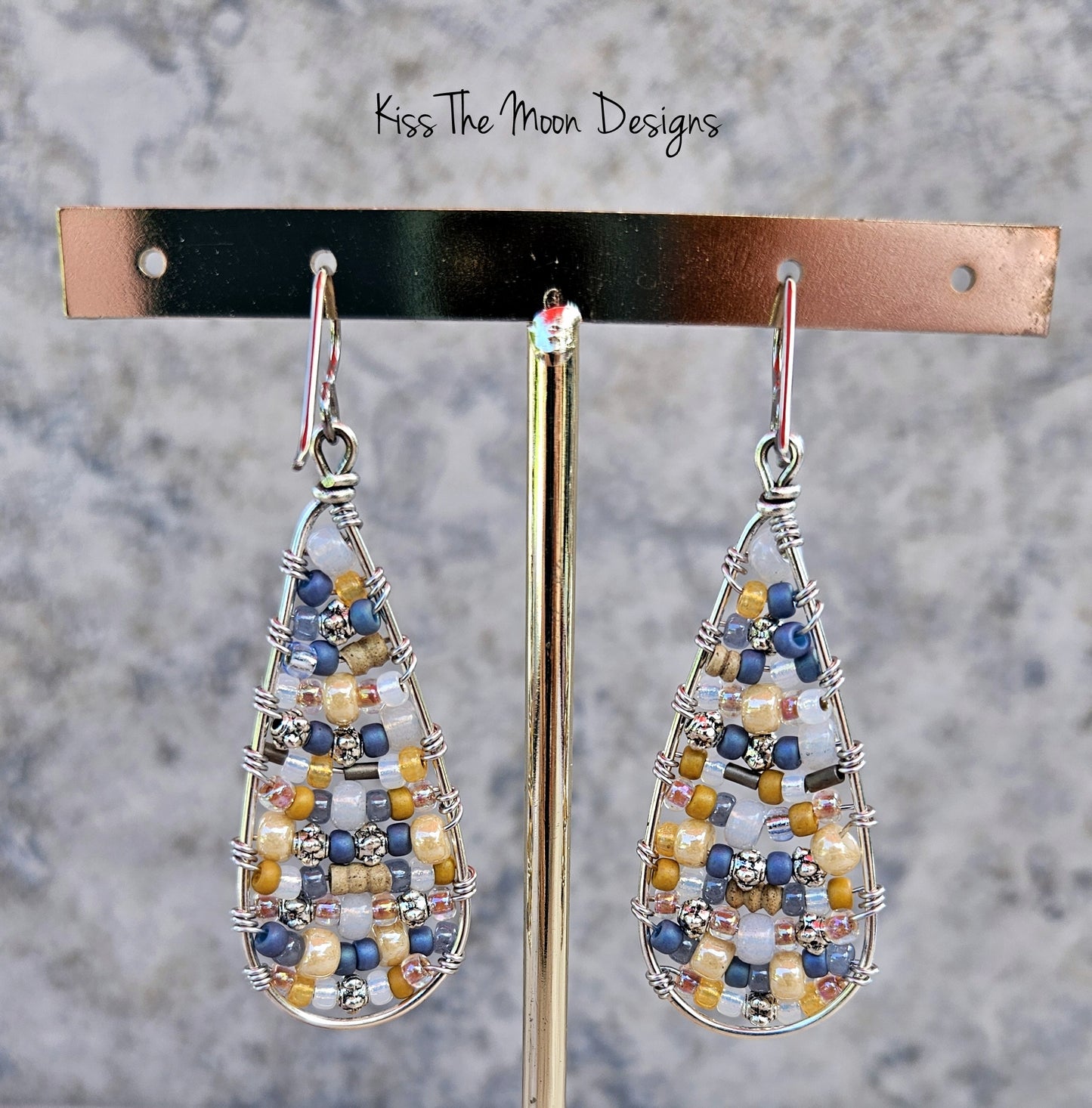 Beaded Boho Style Teardrop Earrings- Silvertone