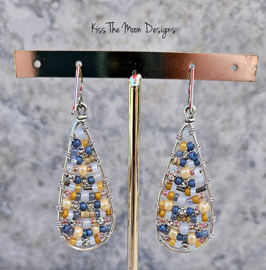 Beaded Boho Style Teardrop Earrings- Silvertone