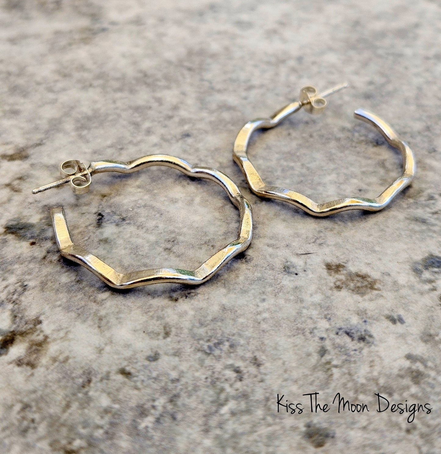 Sterling Silver Wavy Hoop Earrings- long