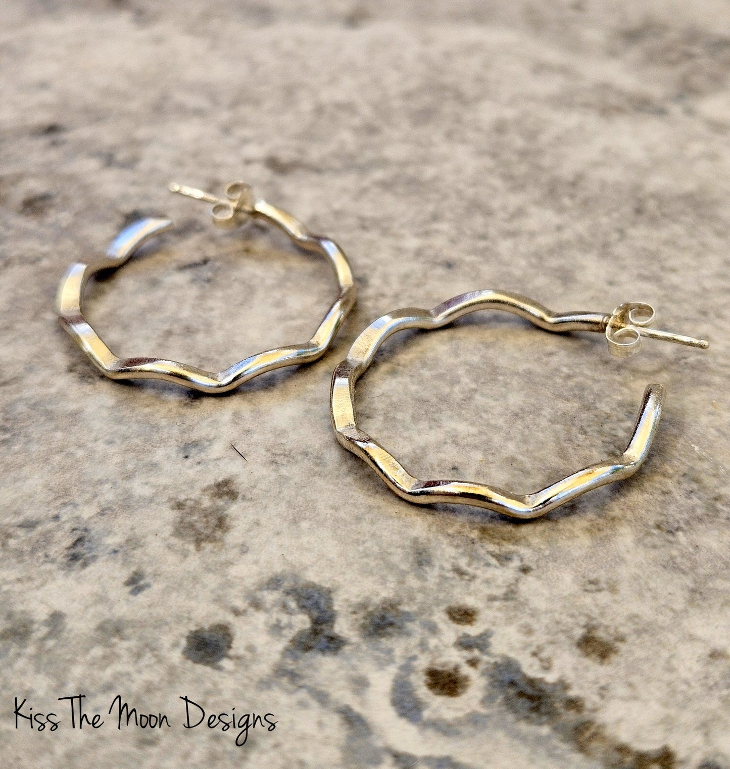 Sterling Silver Wavy Hoop Earrings- long