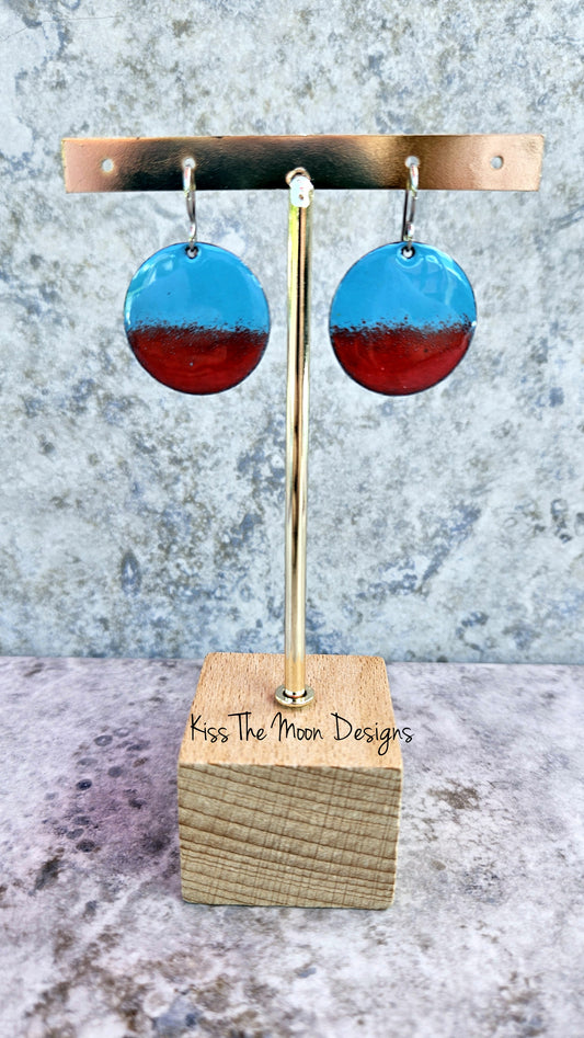 Half and Half Enameled Earrings- Red and Turquoise