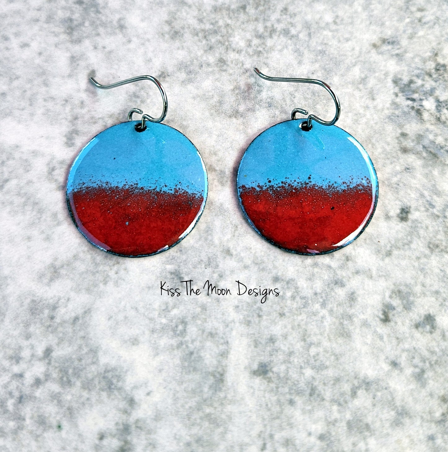 Half and Half Enameled Earrings- Red and Turquoise