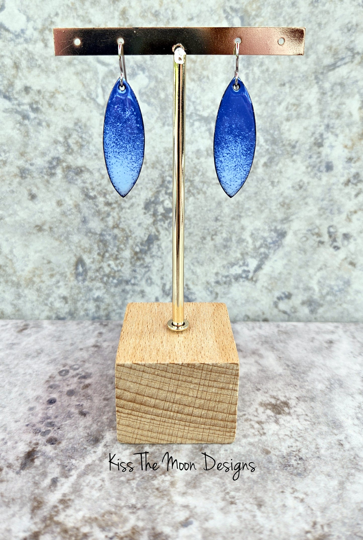 Pointed Leaf Enameled Earrings in Shades of Blue