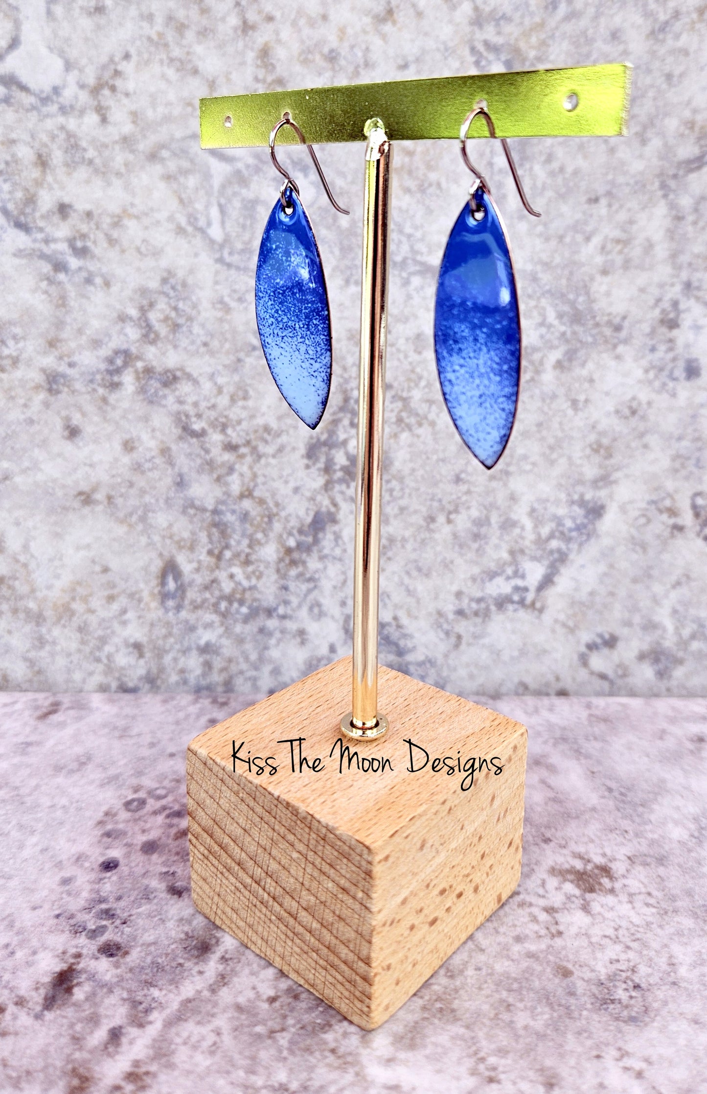 Pointed Leaf Enameled Earrings in Shades of Blue