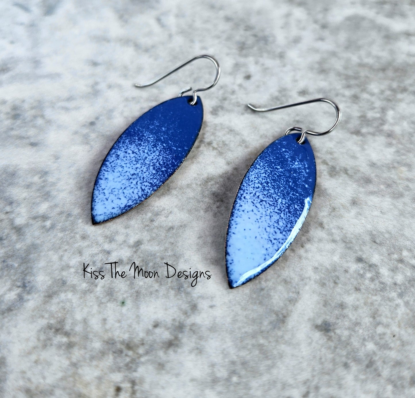 Pointed Leaf Enameled Earrings in Shades of Blue