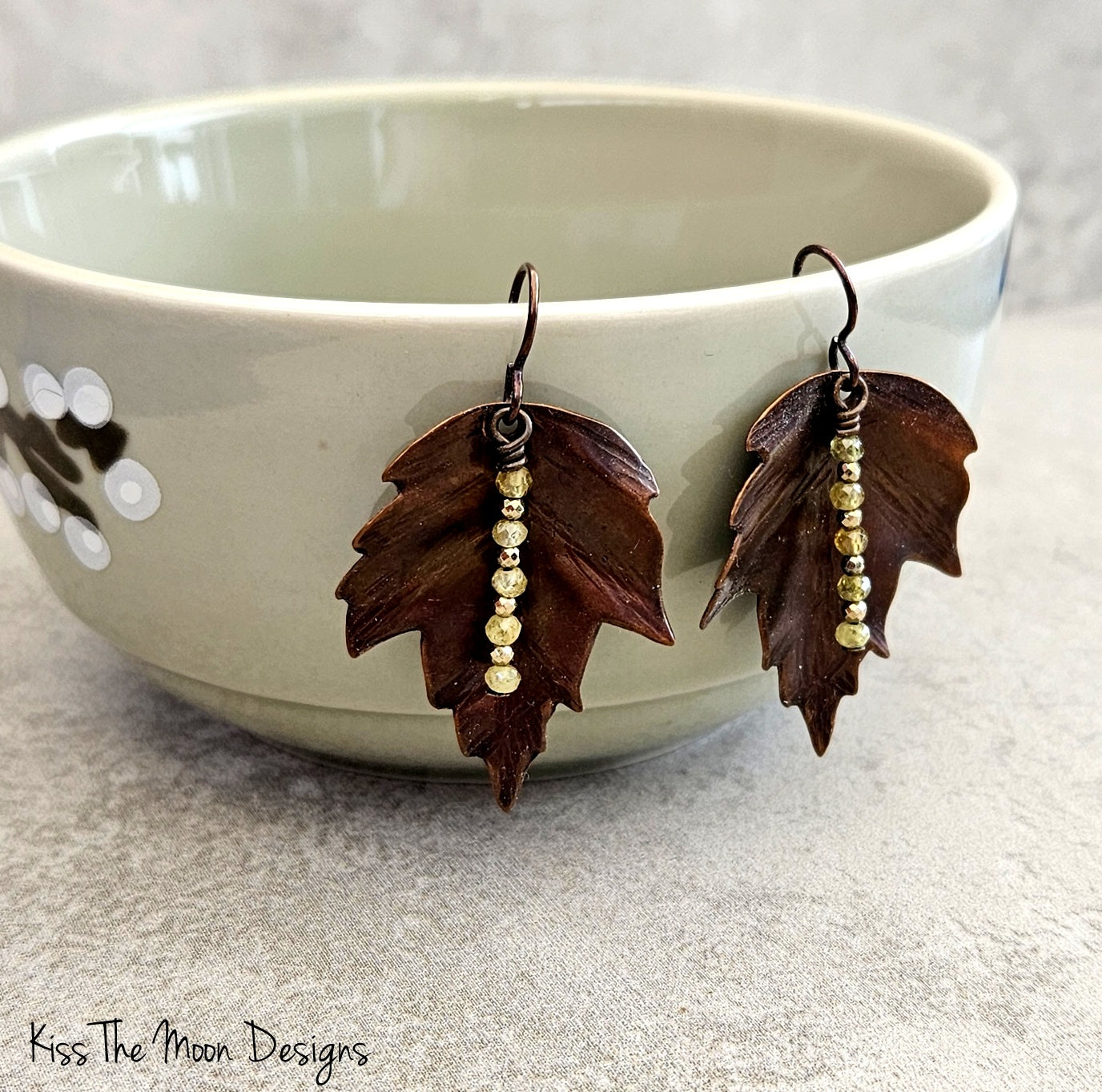 Copper Leaf Earrings with Green Garnets and Hematite