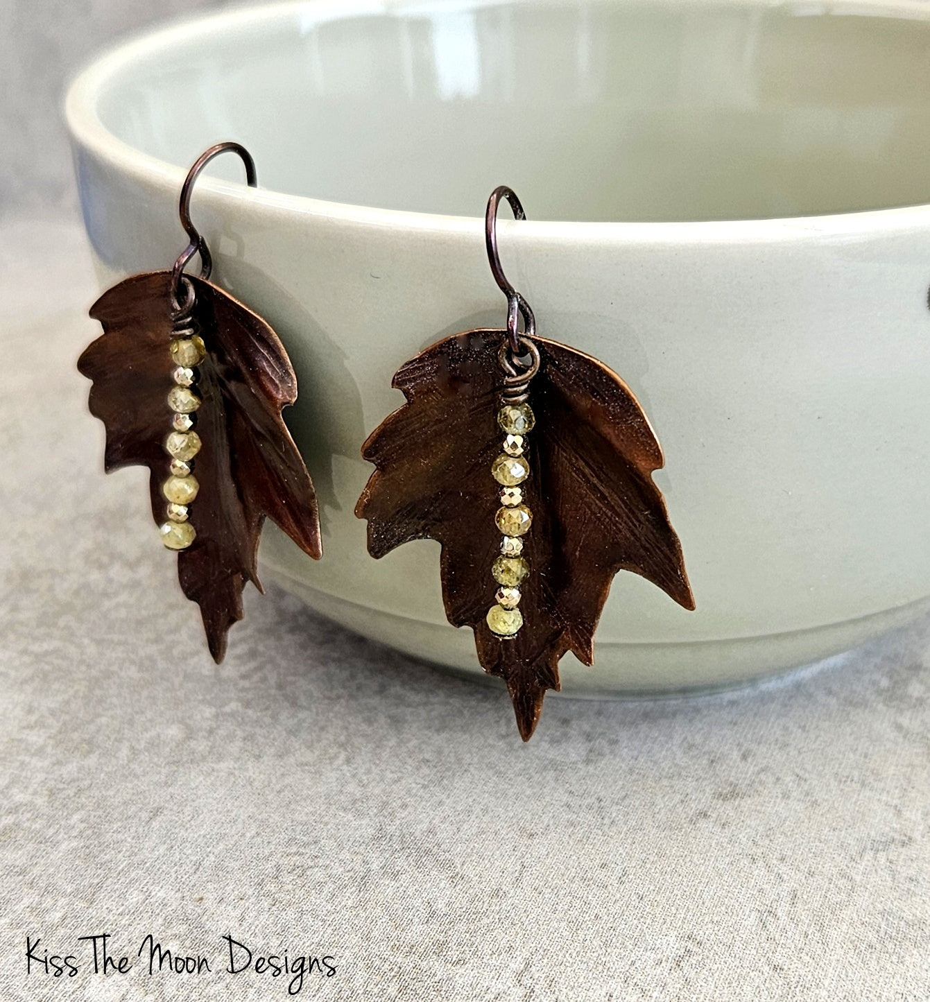 Copper Leaf Earrings with Green Garnets and Hematite