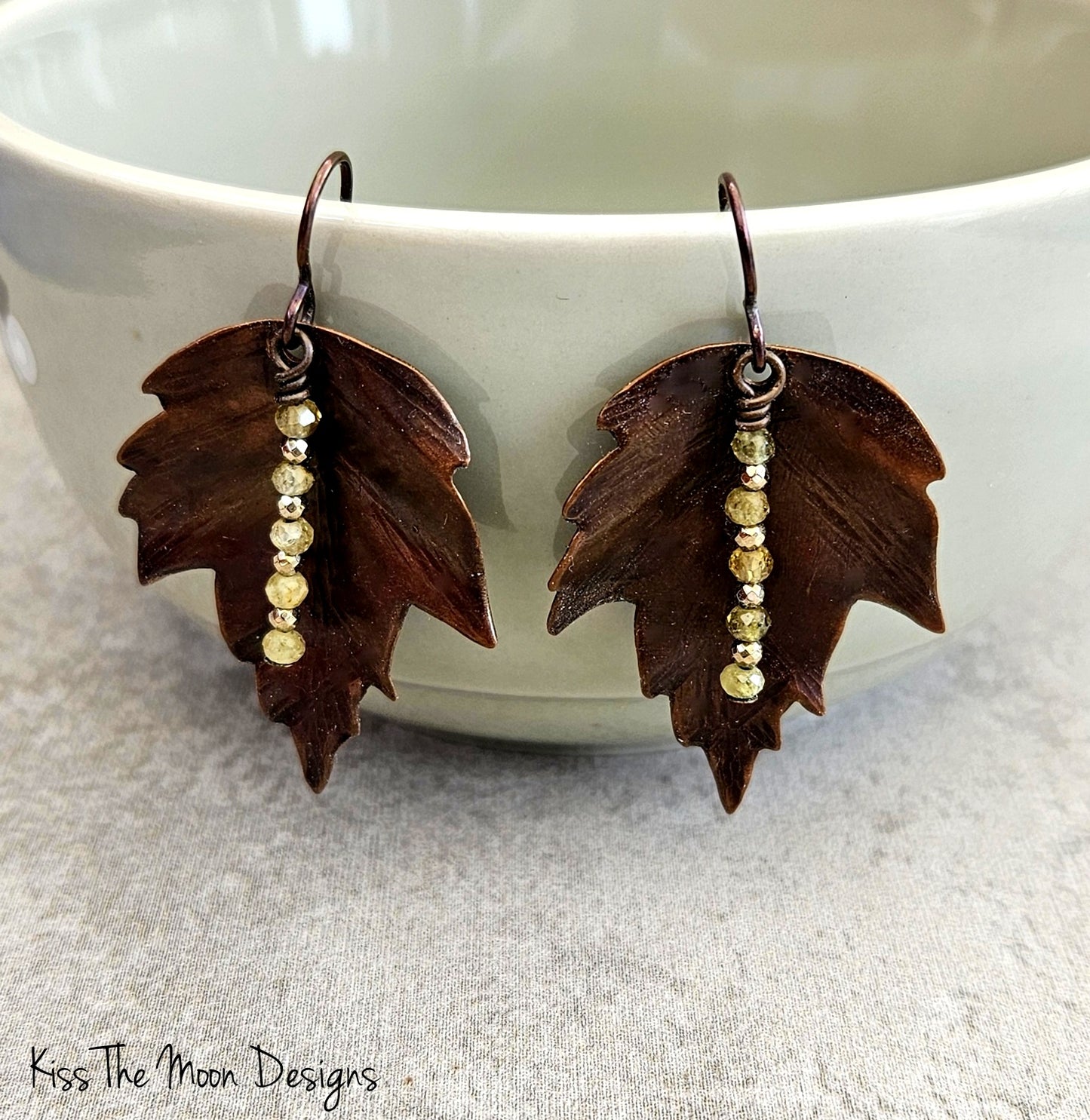 Copper Leaf Earrings with Green Garnets and Hematite