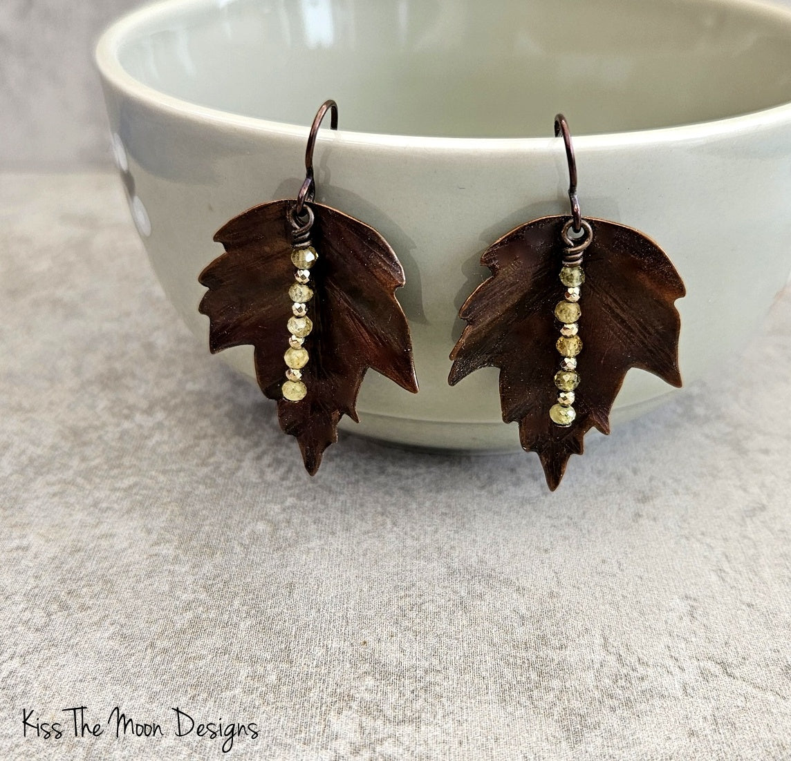 Copper Leaf Earrings with Green Garnets and Hematite