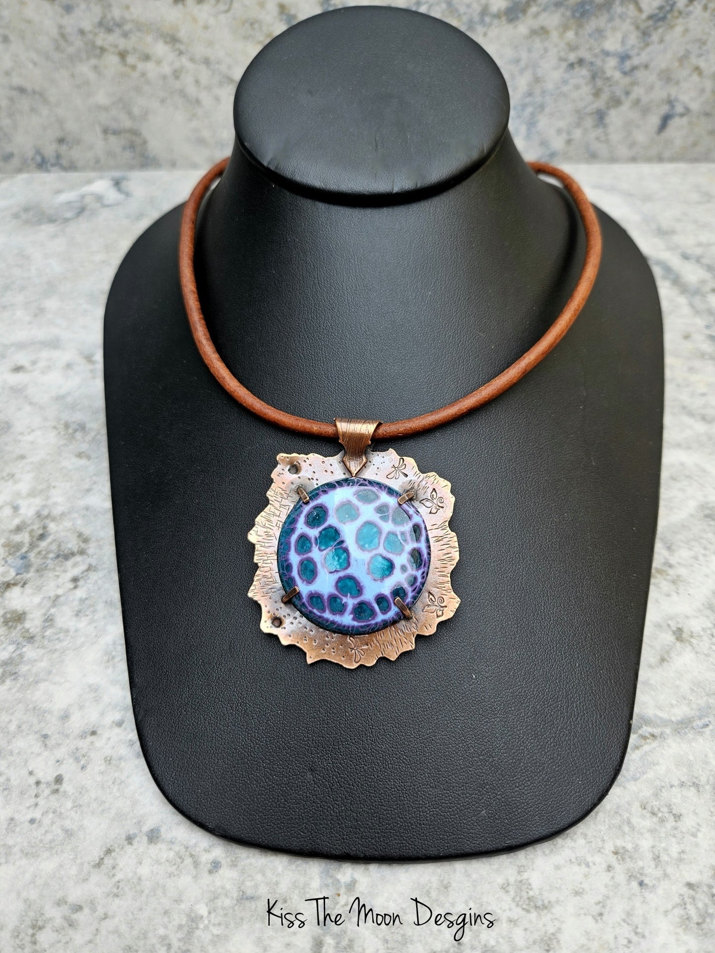 Large Crackle Enamel and Copper Necklace- Blue and Purple