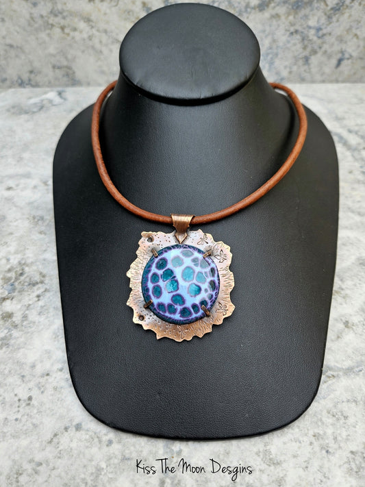 Large Crackle Enamel and Copper Necklace- Blue and Purple