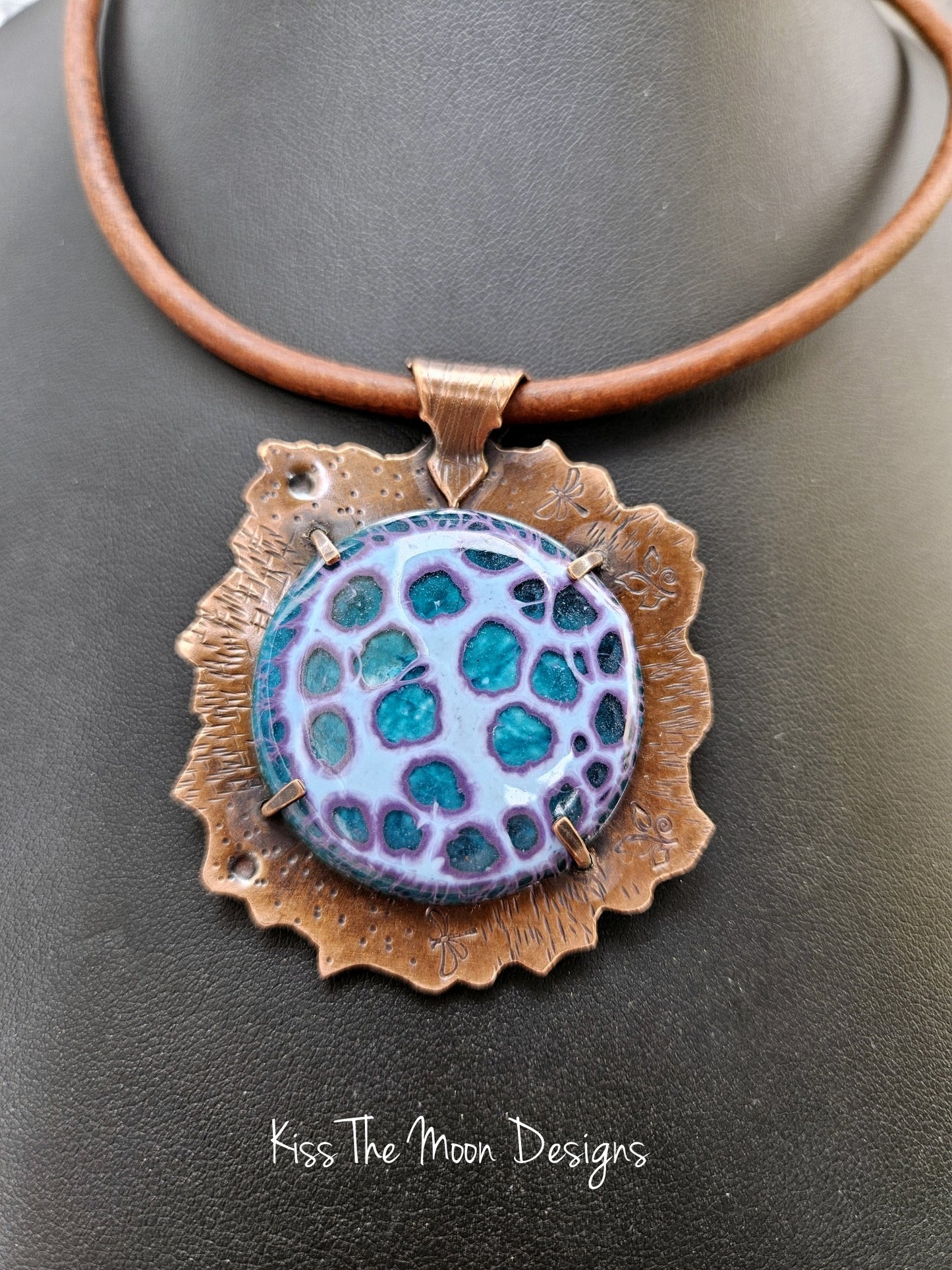 Large Crackle Enamel and Copper Necklace- Blue and Purple