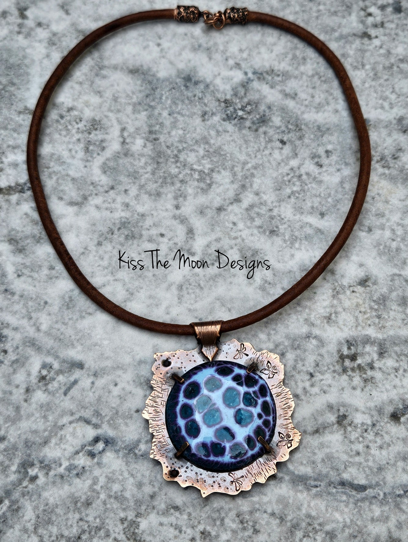 Large Crackle Enamel and Copper Necklace- Blue and Purple