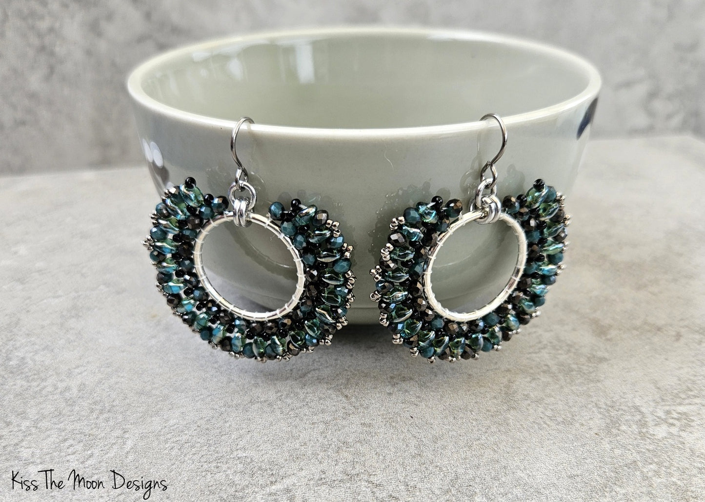 Green and Black Beaded Fan Earrings