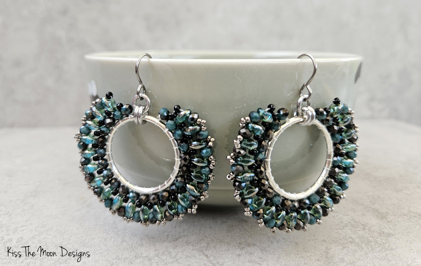 Green and Black Beaded Fan Earrings