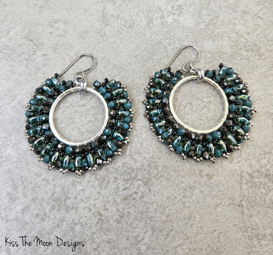 Green and Black Beaded Fan Earrings