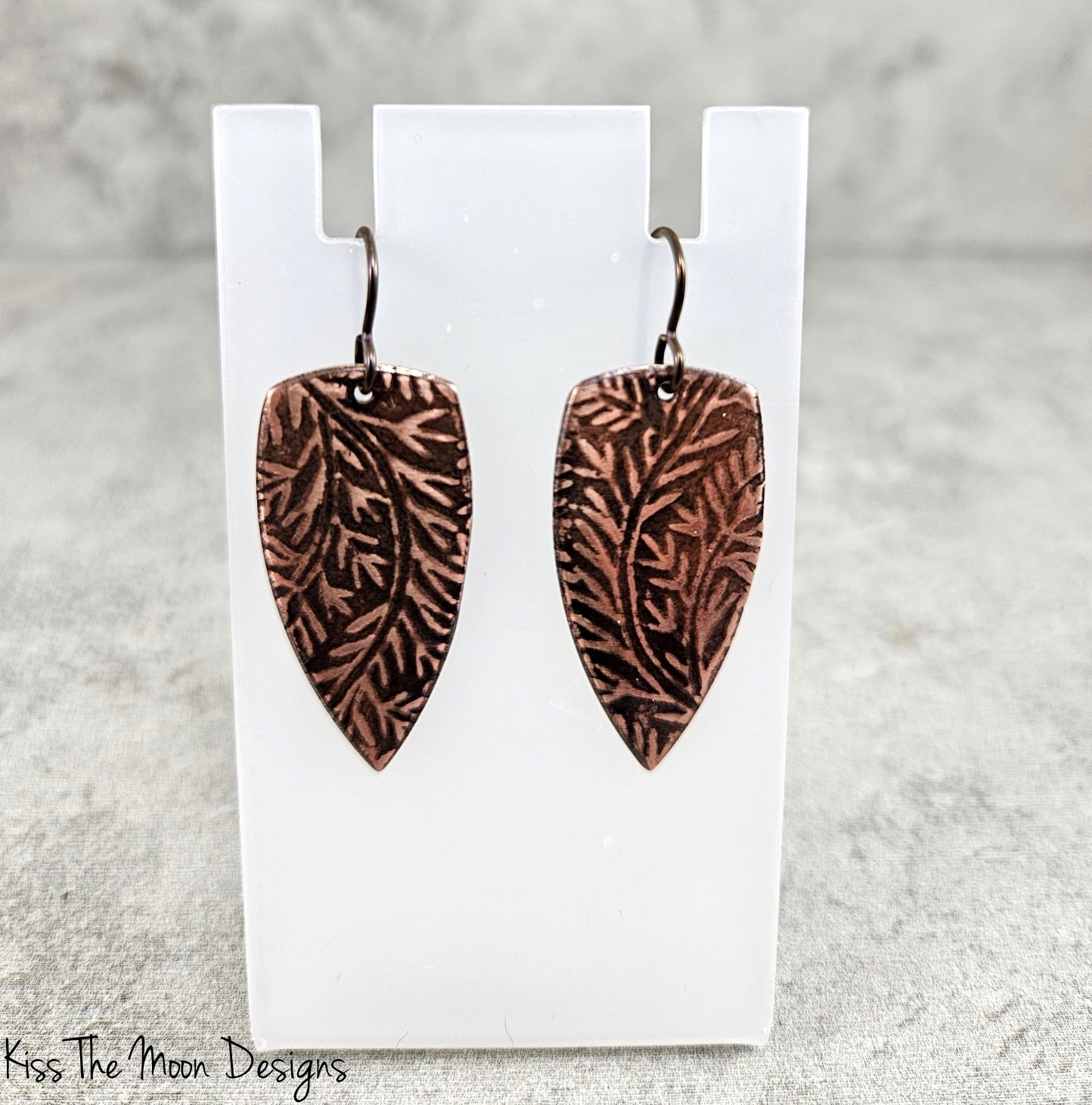 Fern Leaf Patterned Copper Spear Shaped Earrings