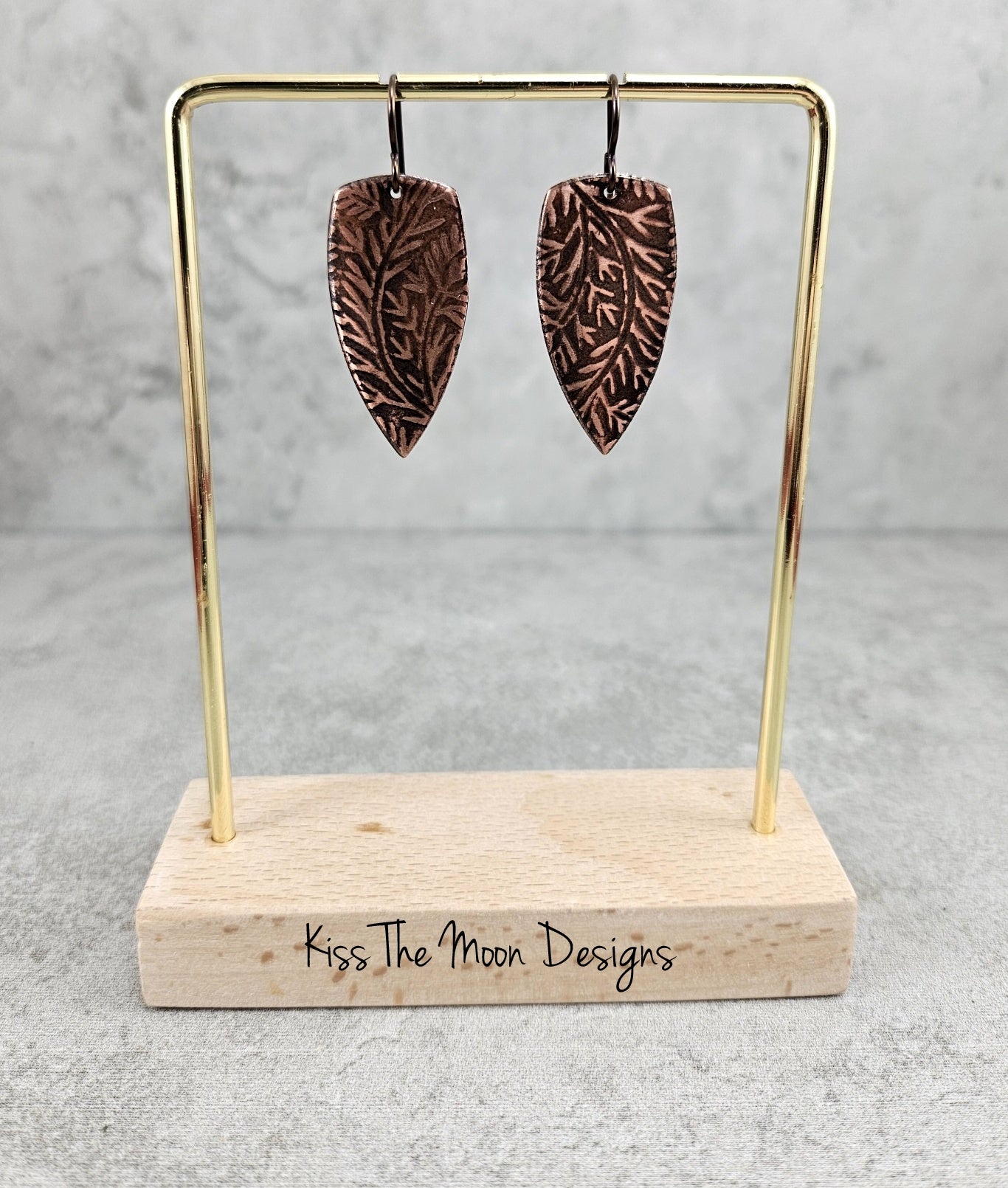 Fern Leaf Patterned Copper Spear Shaped Earrings