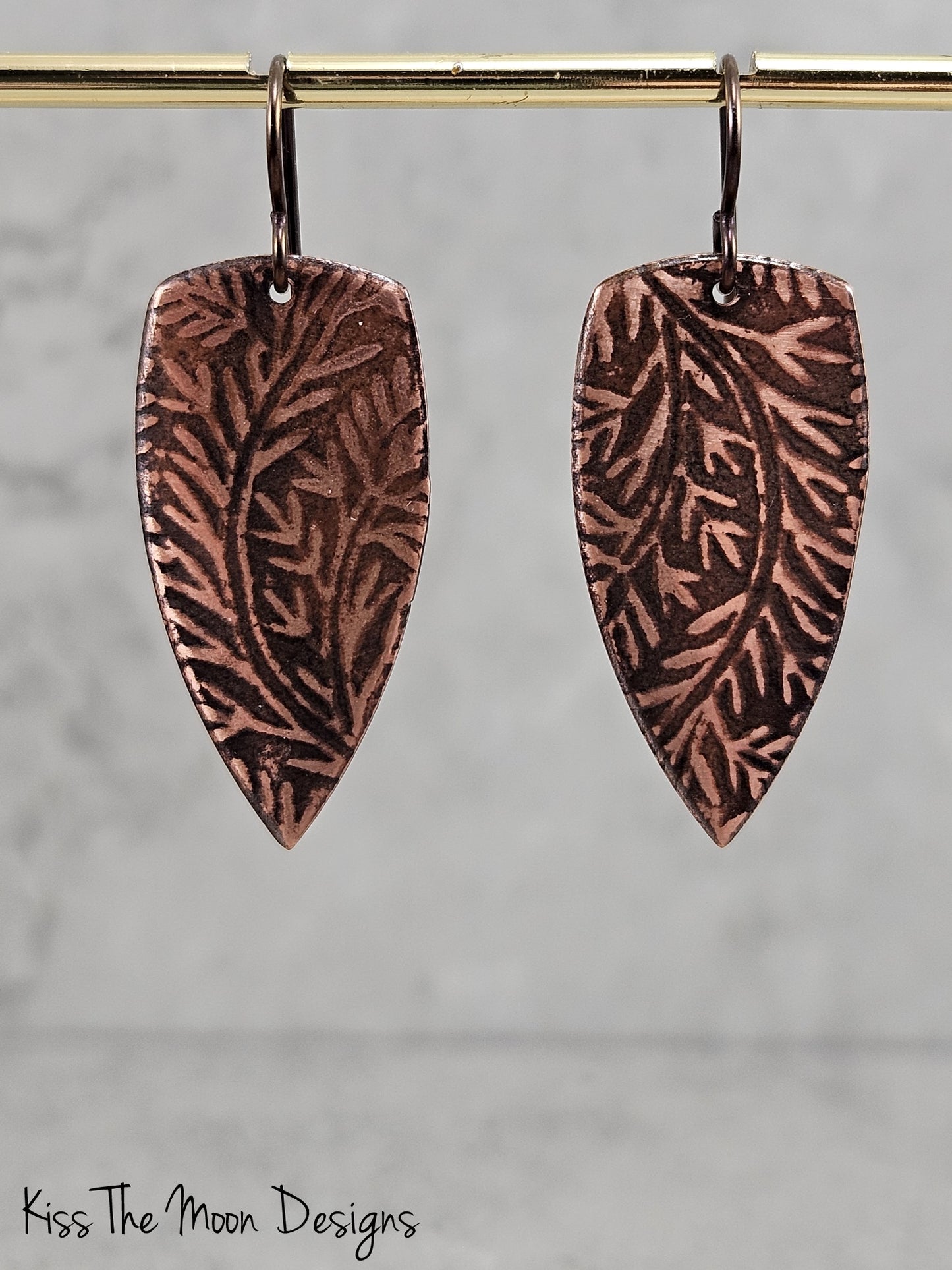 Fern Leaf Patterned Copper Spear Shaped Earrings