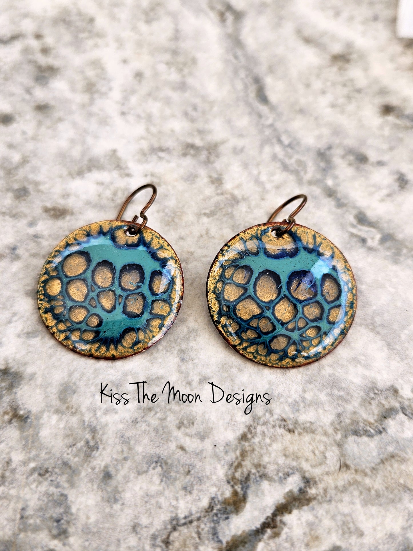 Gold and Blue Crackle Enameled Coin Earrings