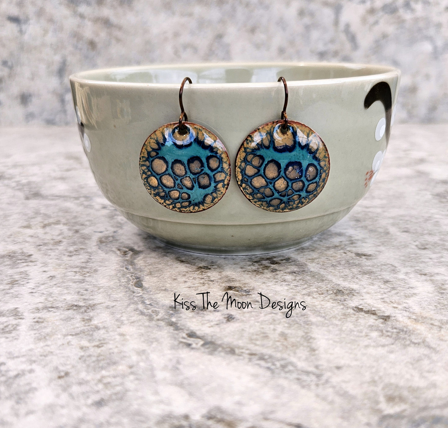 Gold and Blue Crackle Enameled Coin Earrings