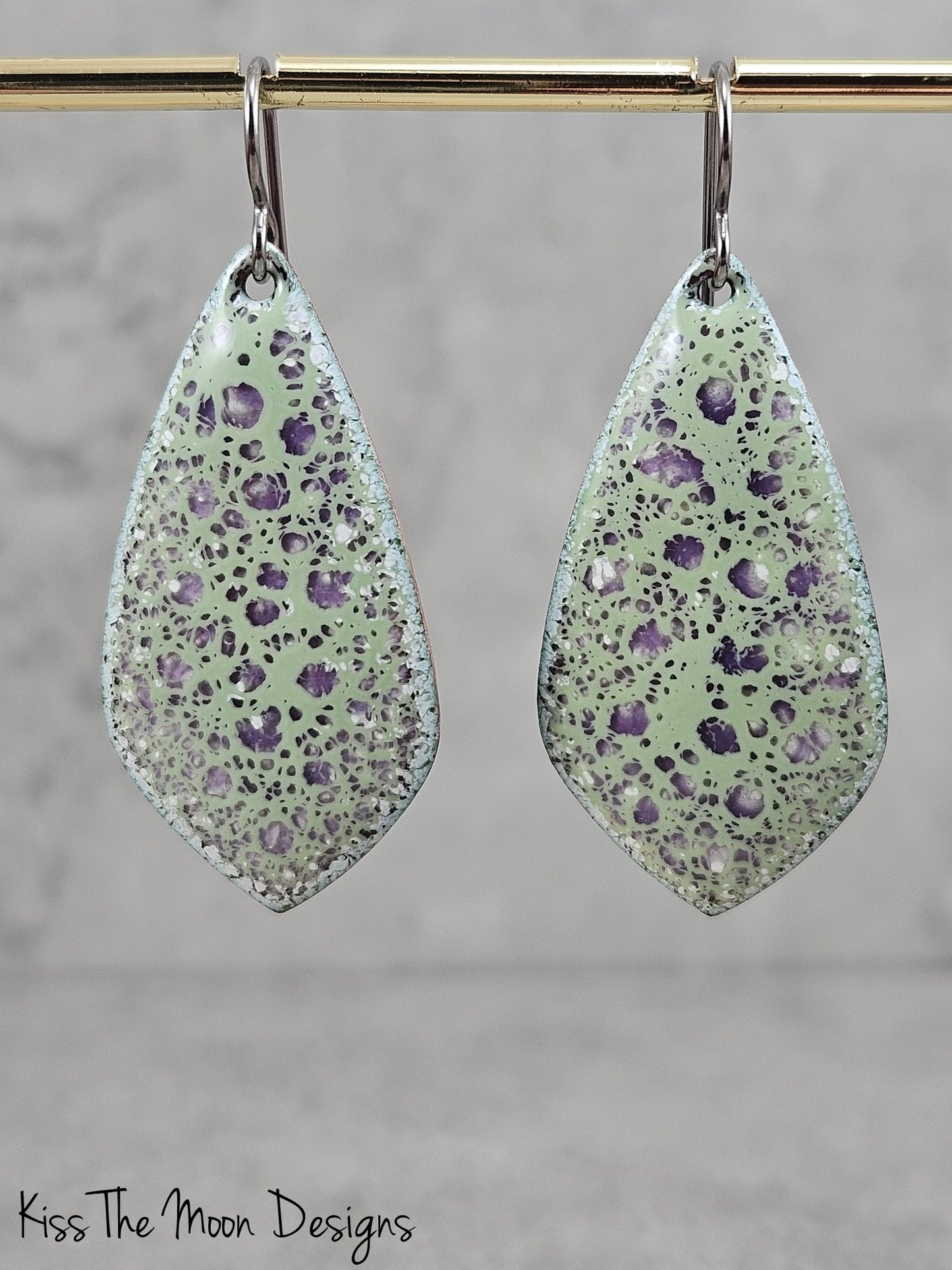 Purple and Green Crackle Enameled Teardrop Earrings