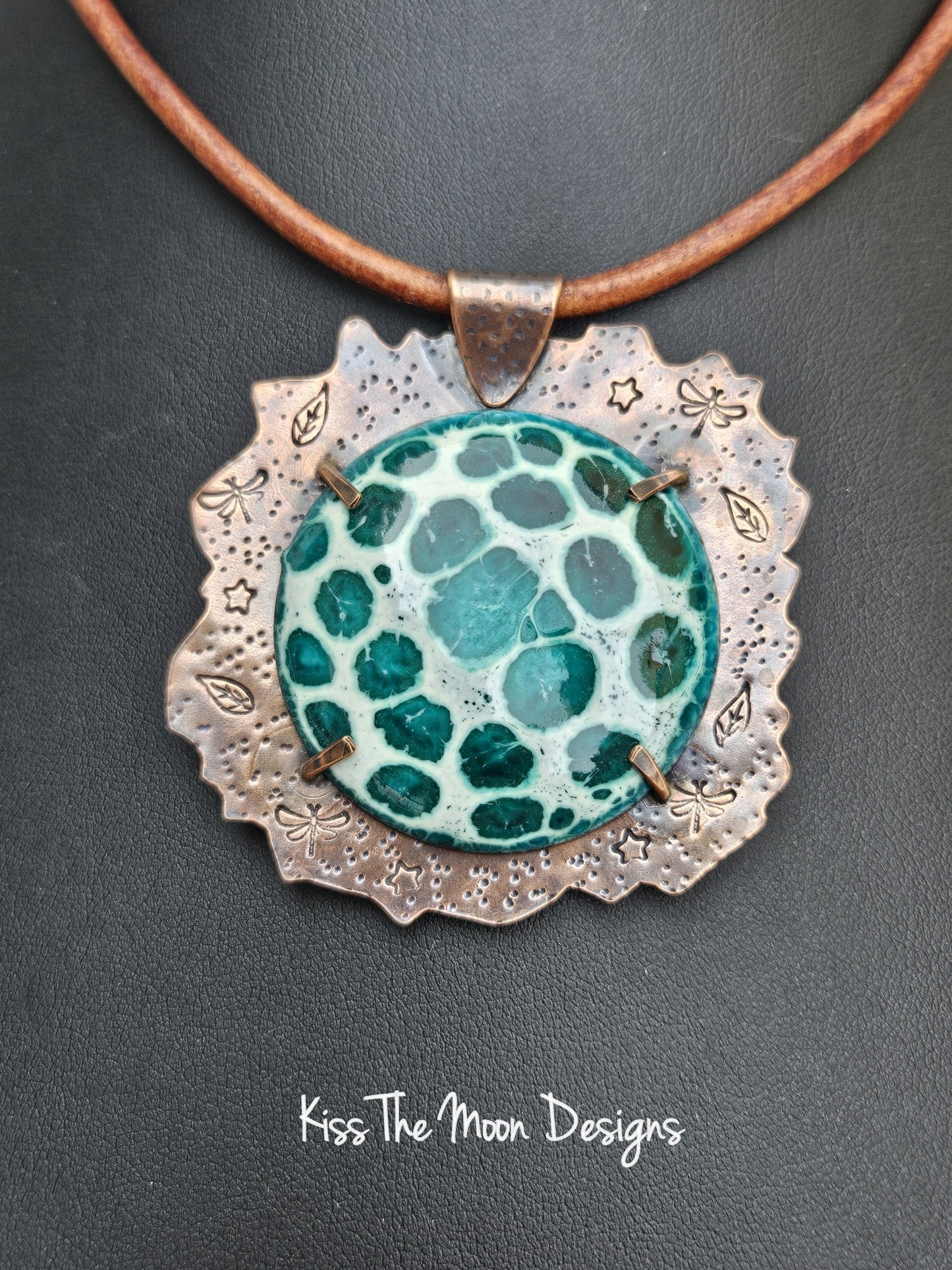 Large Crackle Enamel and Copper Necklace- Green and Off White