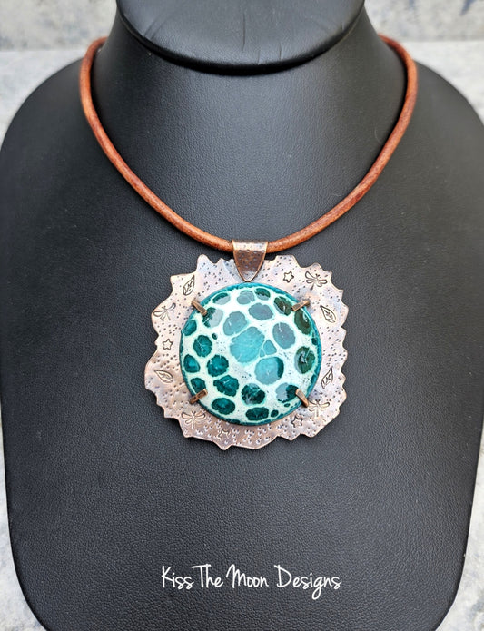 Large Crackle Enamel and Copper Necklace- Green and Off White