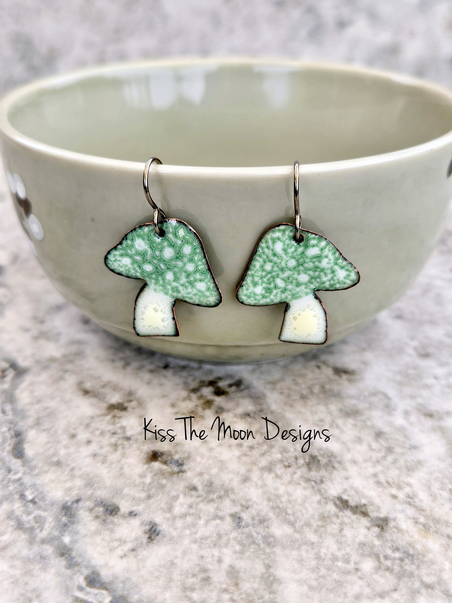 Crackled Enamel Mushroom Earrings-Sage Green