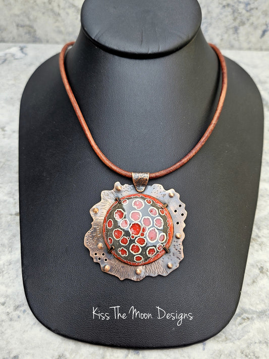 Large Crackle Enamel and Copper Necklace- Grey and Red