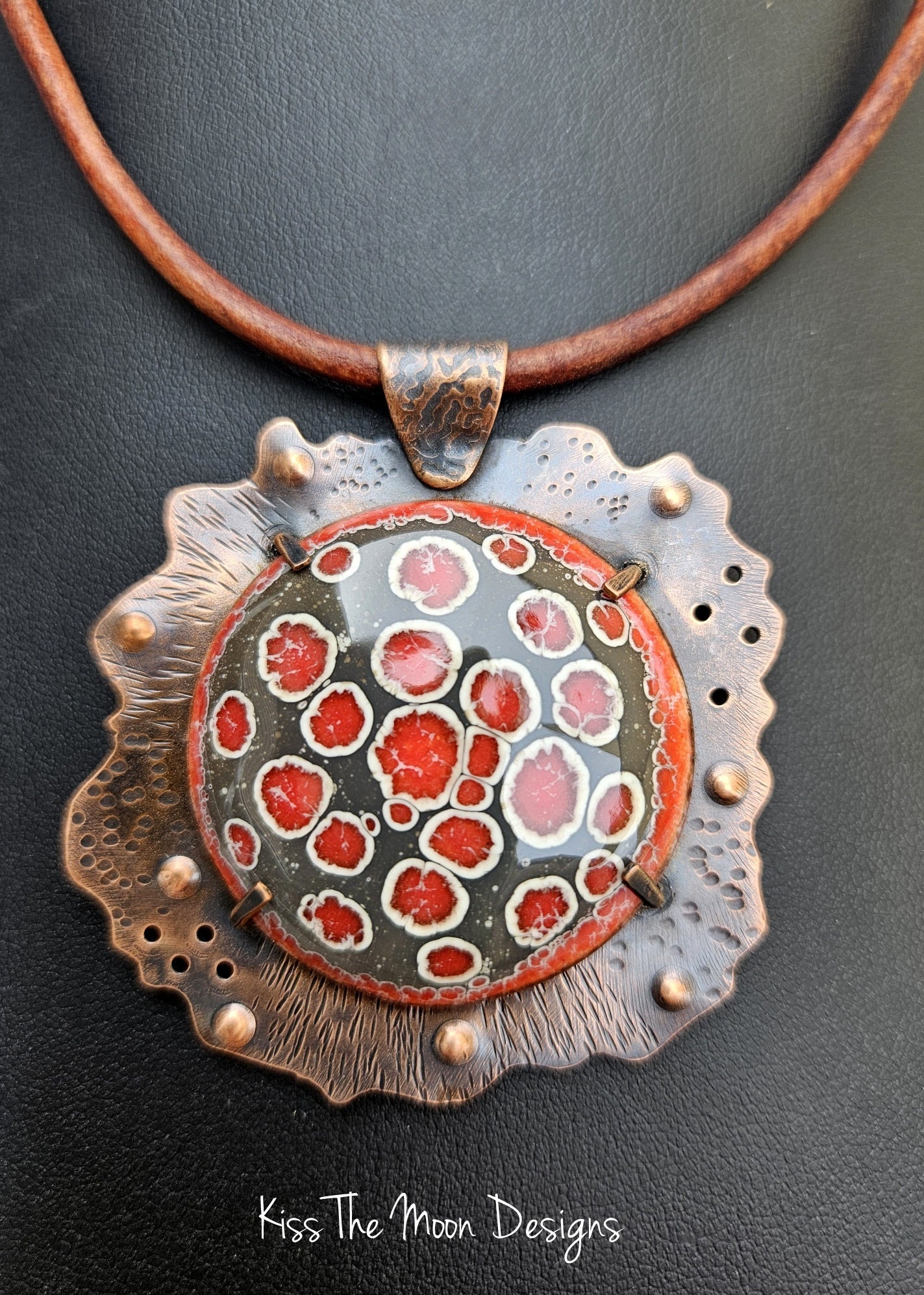 Large Crackle Enamel and Copper Necklace- Grey and Red