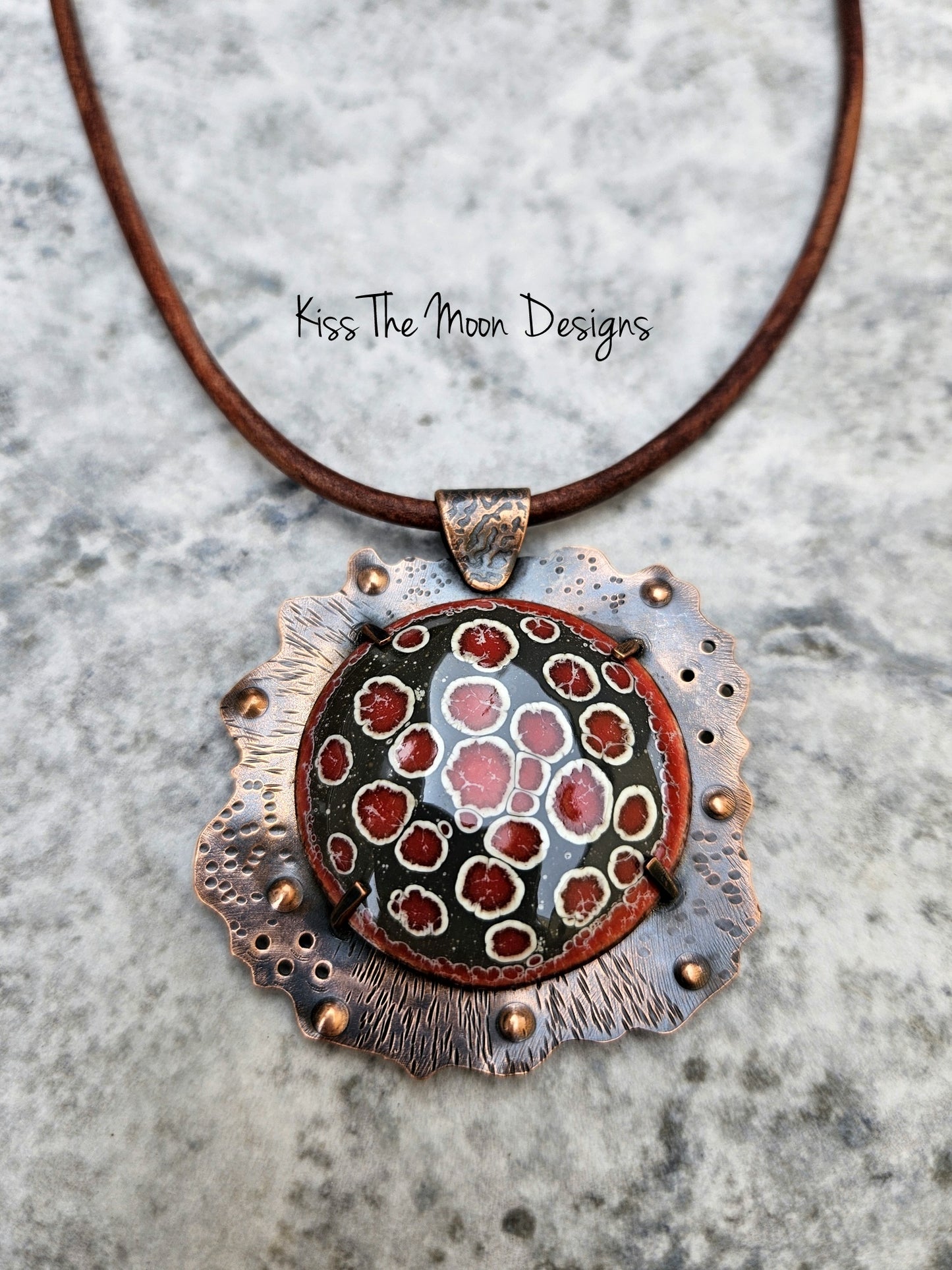 Large Crackle Enamel and Copper Necklace- Grey and Red